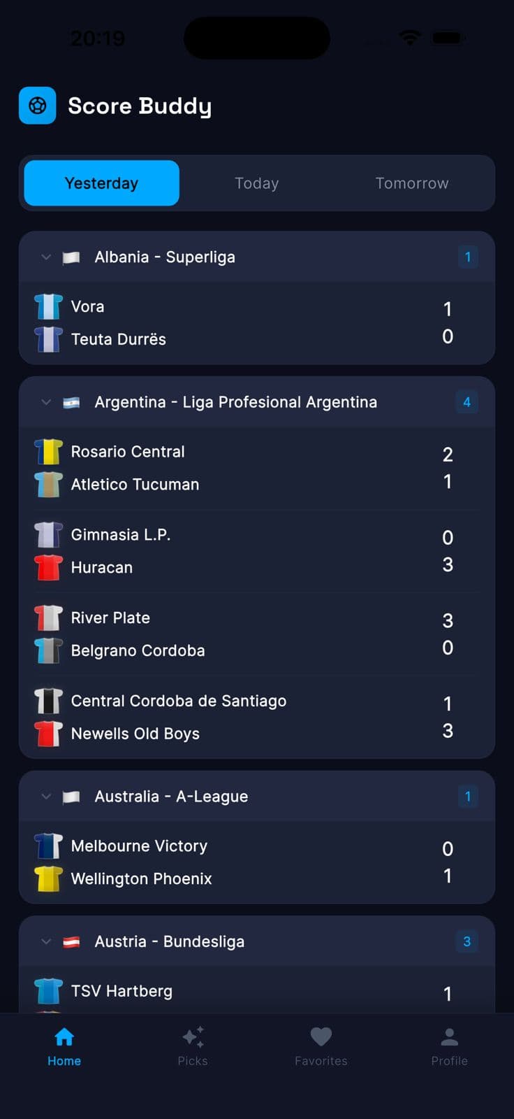 ScoreBuddy home feed on iPhone showing live match predictions